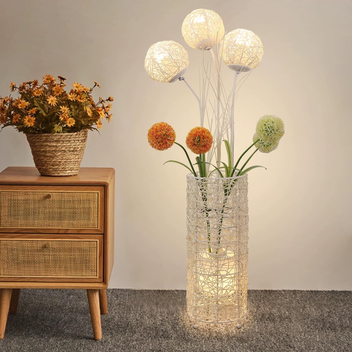 フラワーランプ　・　LED Modern Pastoral LED Floor Lamp: Decorative Hand-Woven Rattan